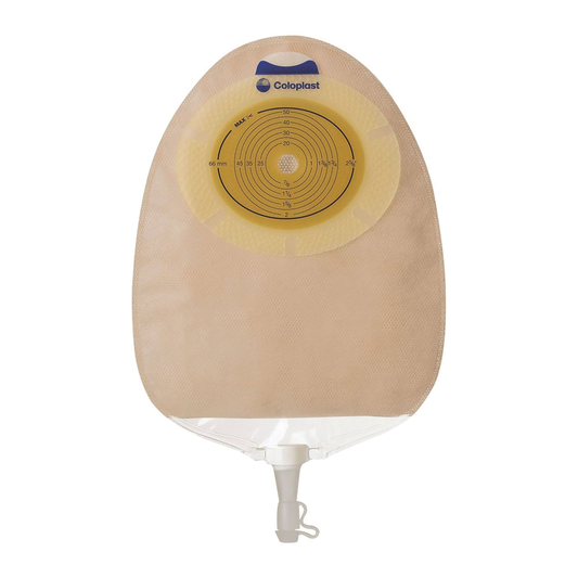 Coloplast SenSura flat standard-wear transparent one-piece urostomy pouch on white