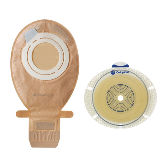 Coloplast SenSura Flex Xpro model 21002 single-use kit with transparent MAXI pouch and red-code barrier on white