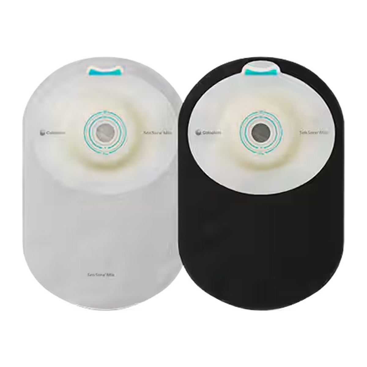 Coloplast SenSura Mio Convex Light one-piece closed ostomy pouch shown in transparent and black; listed variants are black