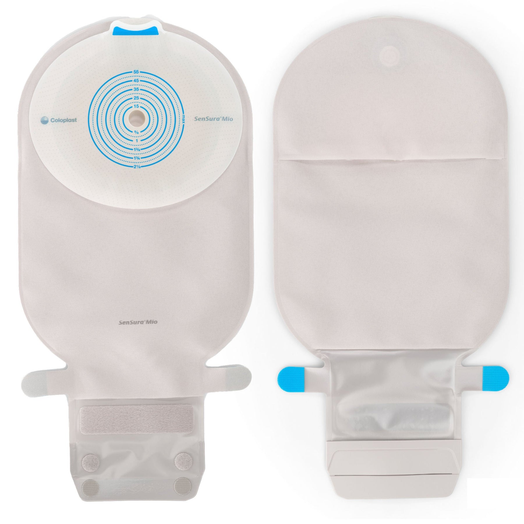 Coloplast SenSura Mio MAXI flat opaque drainable pouch with filter, 3/8"–2-1/8" Cut-to-Fit, front and back