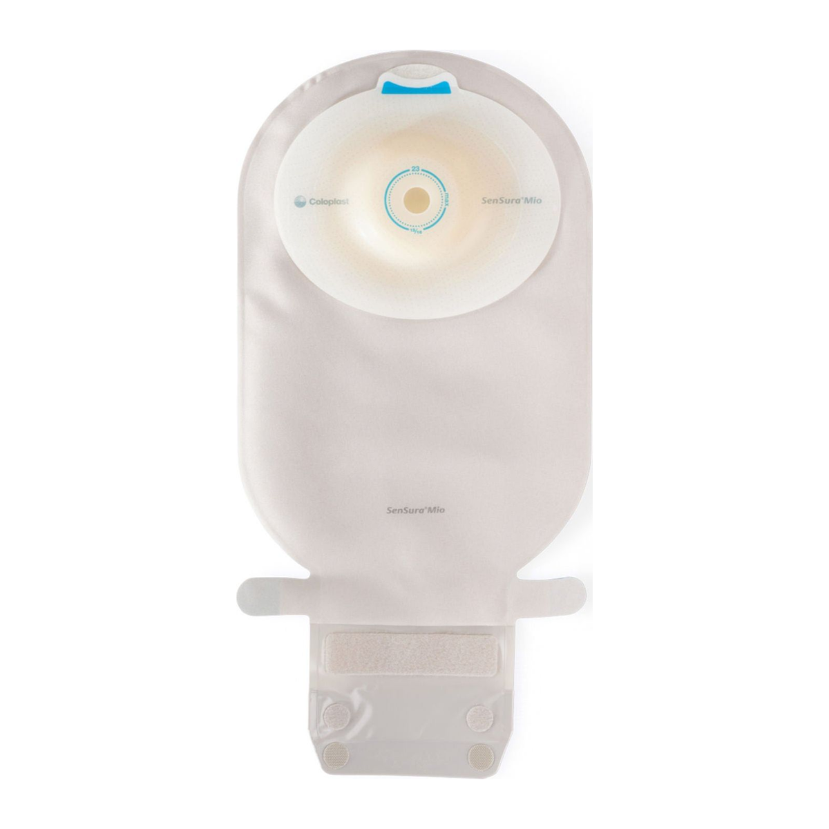 Coloplast SenSura Mio deep-convex MAXI drainable ostomy pouch 16765, exact transparent filtered back view on white