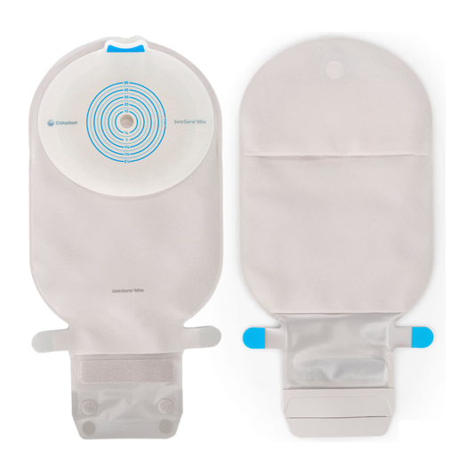 Coloplast SenSura Mio Flat MAXI opaque drainable pouch with filter, front and back views