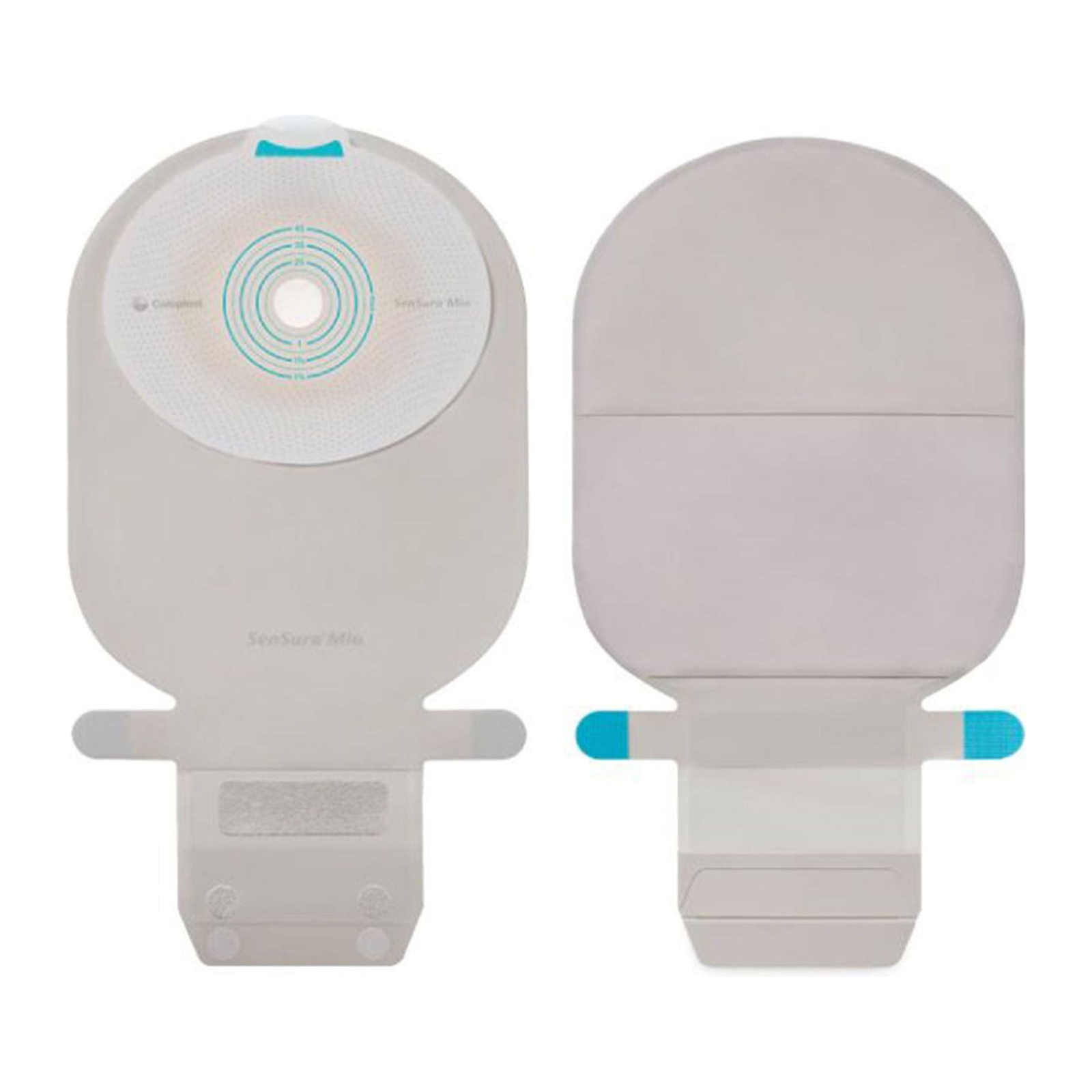 Coloplast SenSura Mio Flat MIDI opaque drainable pouch with filter, front and back views