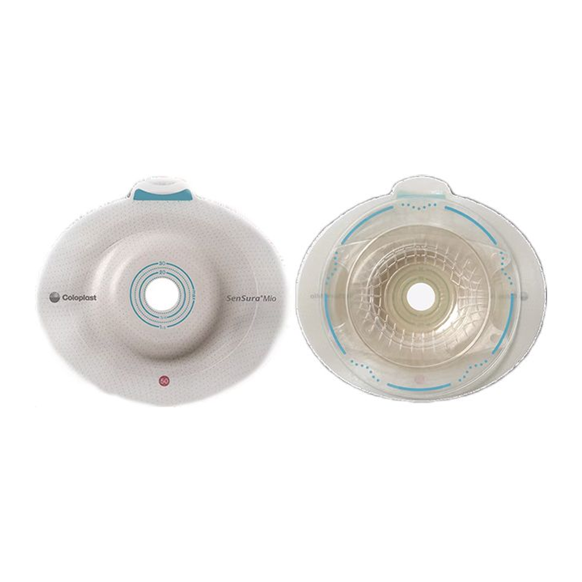 Coloplast SenSura Mio Flex convex-soft ostomy barrier shown from front and coupling sides