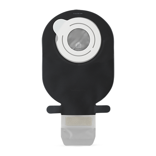 Coloplast SenSura Mio Flex MAXI black two-piece drainable ostomy pouch; coupling color varies by CST19792, CST19794, and CST19795.