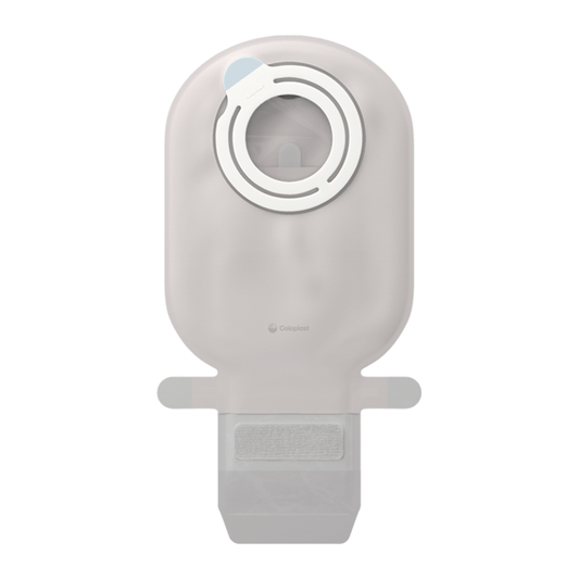 Coloplast SenSura Mio Kids Flex two-piece drainable ostomy pouch; MINI or MIDI, purple or green coupling, opaque gray or transparent by SKU.