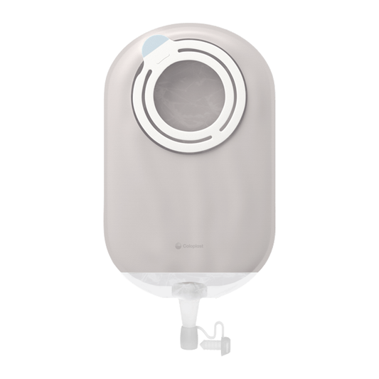 Coloplast SenSura Mio Kids Flex two-piece MIDI urostomy pouch; purple or green coupling by CST18730 and CST18731.