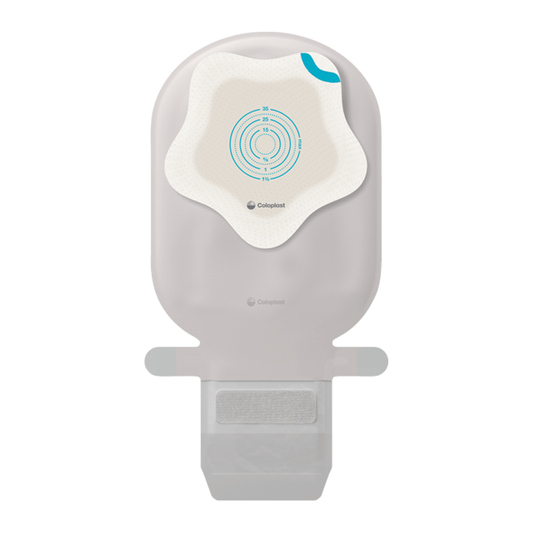 Coloplast SenSura Mio Kids one-piece MIDI drainable ostomy pouch; opaque gray or transparent by CST18710 and CST18711.
