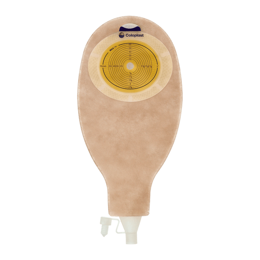 Coloplast SenSura one-piece drainable ostomy pouch with soft outlet and inspection window; representative family view.