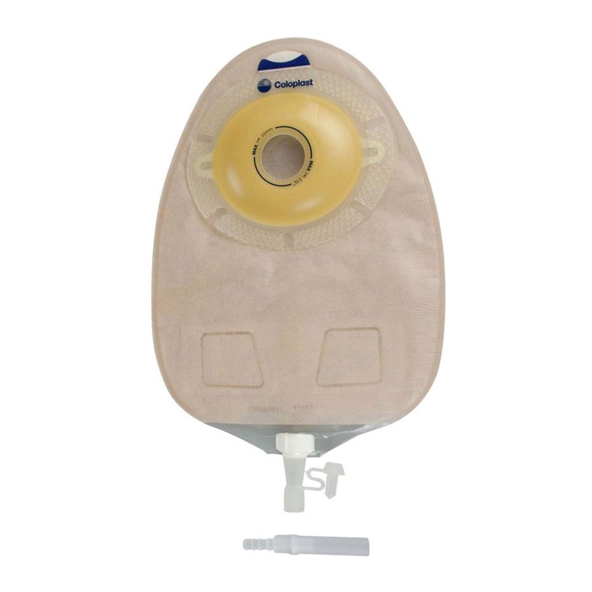 Coloplast SenSura Xpro Convex Light opaque one-piece urostomy pouch with outlet and connector on white