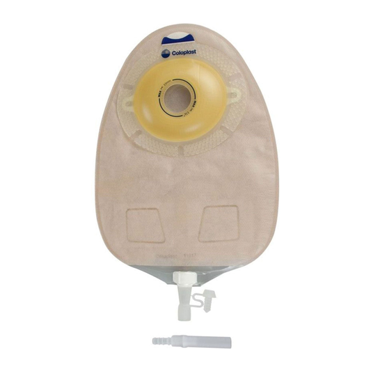 Coloplast SenSura Xpro Convex Light opaque one-piece urostomy pouch with outlet and connector on white
