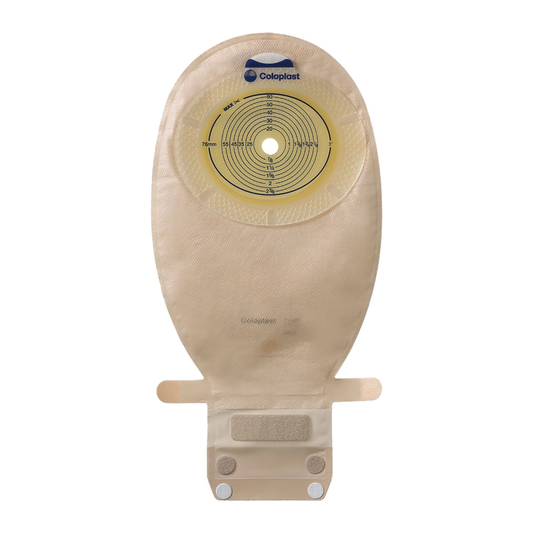 Coloplast SenSura Xpro flat transparent one-piece drainable pouch, model 15981.