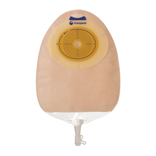 Coloplast SenSura Xpro flat opaque one-piece urostomy pouch with outlet and connector on white