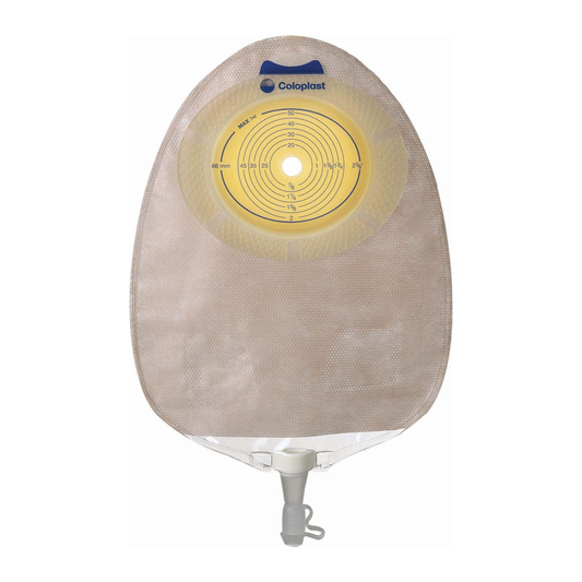 Coloplast SenSura Xpro model 21005 flat one-piece transparent urostomy single-use kit pouch on white
