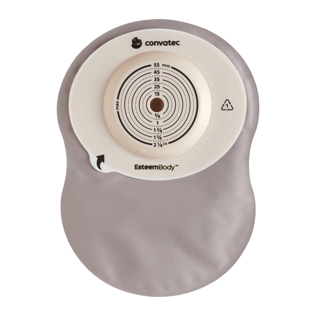 ConvaTec Esteem Body soft-convex one-piece closed-end opaque pouch with viewing window and cut-to-fit barrier; family includes 3.5 mm and 7 mm convex depths.