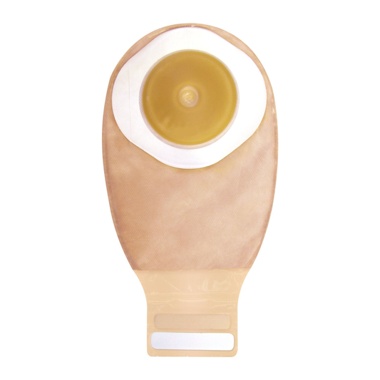 ConvaTec Esteem+ one-piece convex drainable pouch family representative; transparent or opaque pouch and pre-cut opening vary by selected exact SKU