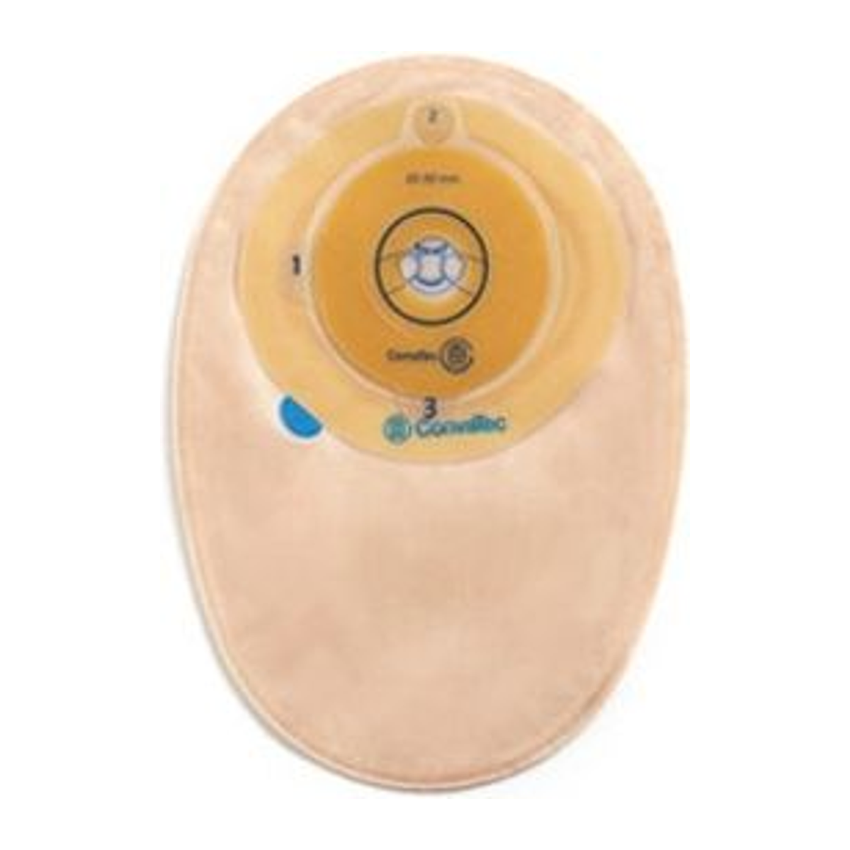 ConvaTec Esteem+ opaque one-piece 8-inch moldable closed-end pouch with filter, two-sided comfort panel, and easy-view window; stoma-size range selected by variant.