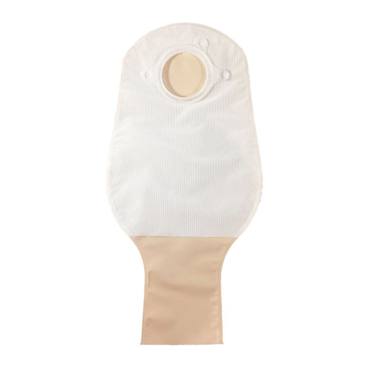 ConvaTec Natura 12 inch opaque two-piece drainable pouch with one-sided comfort panel, no filter, and tail clip.