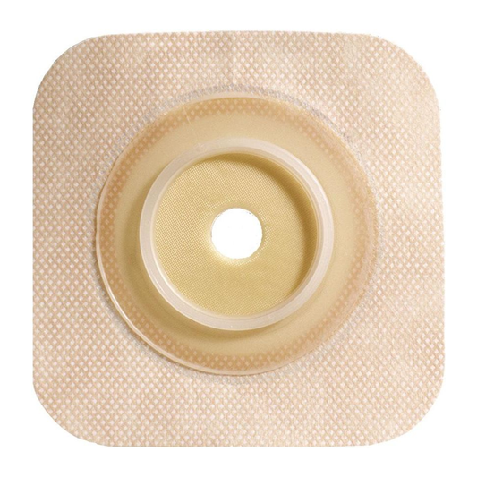 ConvaTec SUR-FIT Natura Durahesive flexible cut-to-fit 4 by 4 inch skin barrier with tan tape collar; representative view, flange size varies.