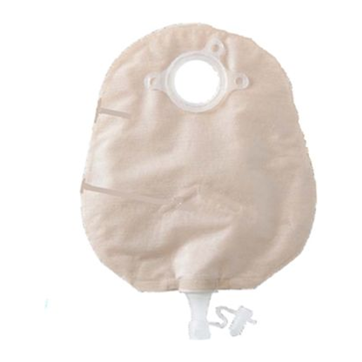 ConvaTec Natura+ two-piece transparent urostomy pouch with Soft Tap, coupling ring, and included adapter.
