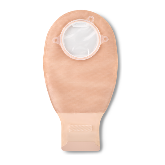 ConvaTec Natura+ two-piece drainable pouch family representative; color, filter, comfort-panel/window configuration, coupling size, and closure version vary by selected exact SKU