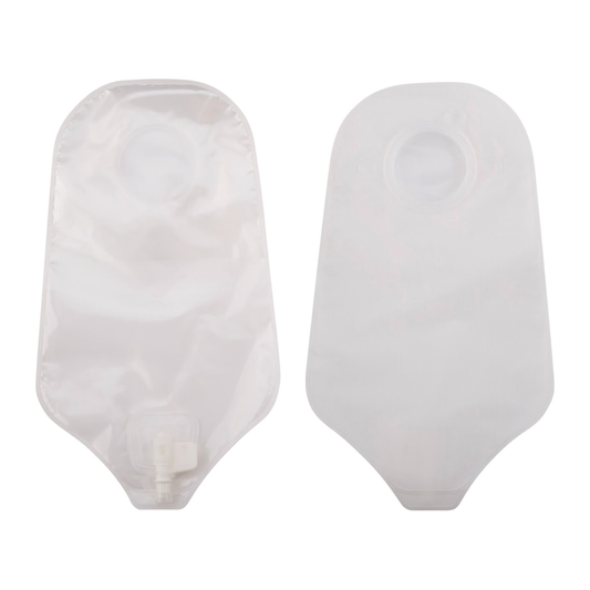 Convatec Natura two-piece urostomy pouch, transparent standard, Accuseal tap; front and back representative views, flange size varies.