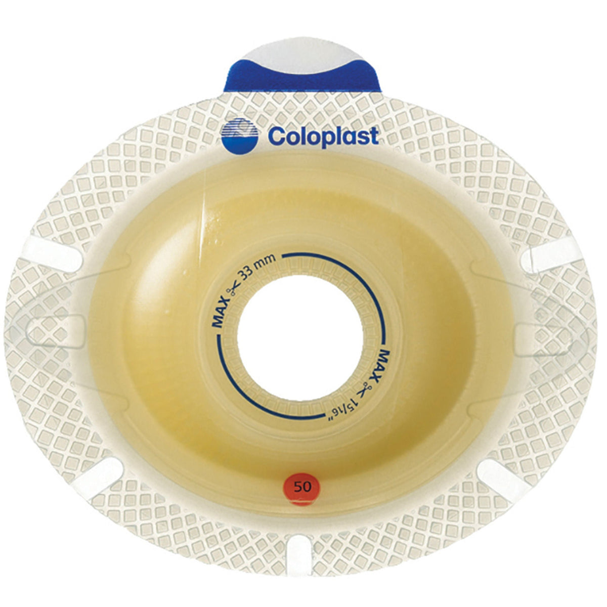 Coloplast SenSura Click Xpro Convex Light Extended-Wear Ostomy Barrier, 5/8"-1-5/16" Cut-to-Fit. Exact Coloplast 11025 barrier on white.