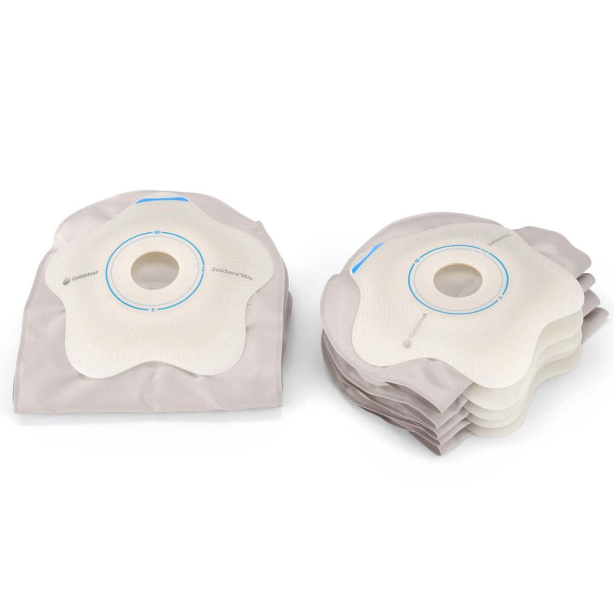 Coloplast SenSura Mio Convex Flip MAXI One-Piece Closed Pouch – Medium Barrier, 1-3/8" Pre-Cut, group view, exact Coloplast 18173 construction on white.