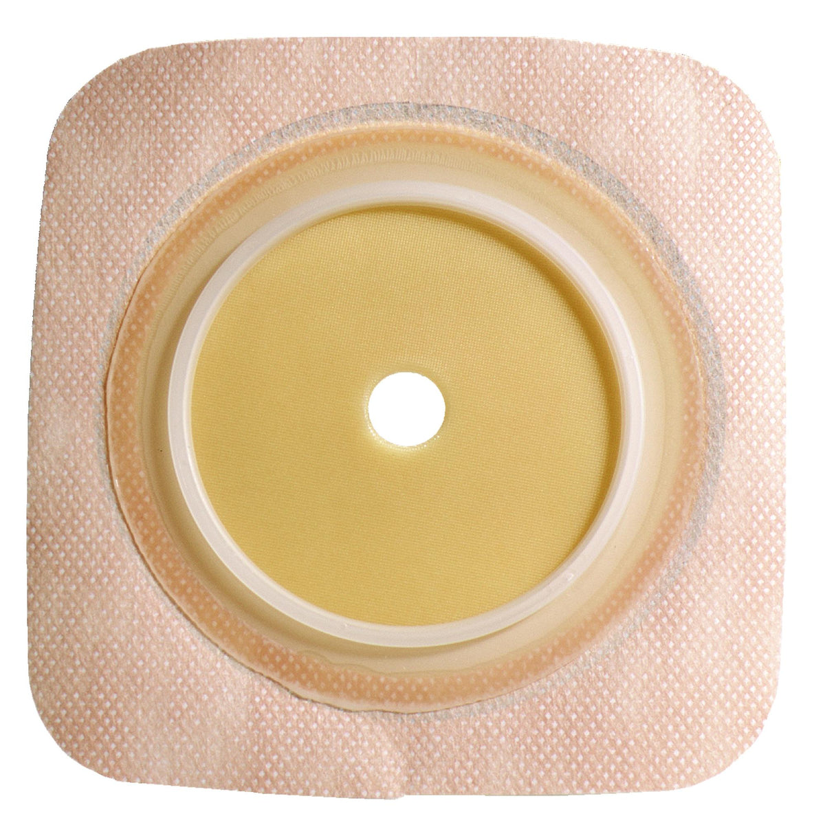 ConvaTec SUR-FIT Natura Durahesive flexible skin barrier with tan tape collar, 5 by 5 inch family product view.