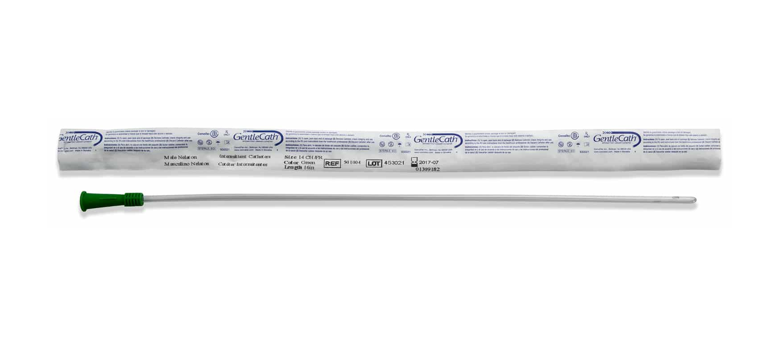 ConvaTec Convatec GentleCath™ Uncoated Straight Tip Intermittent Catheter - Male (CV419800, CV419800-BX) on a white background