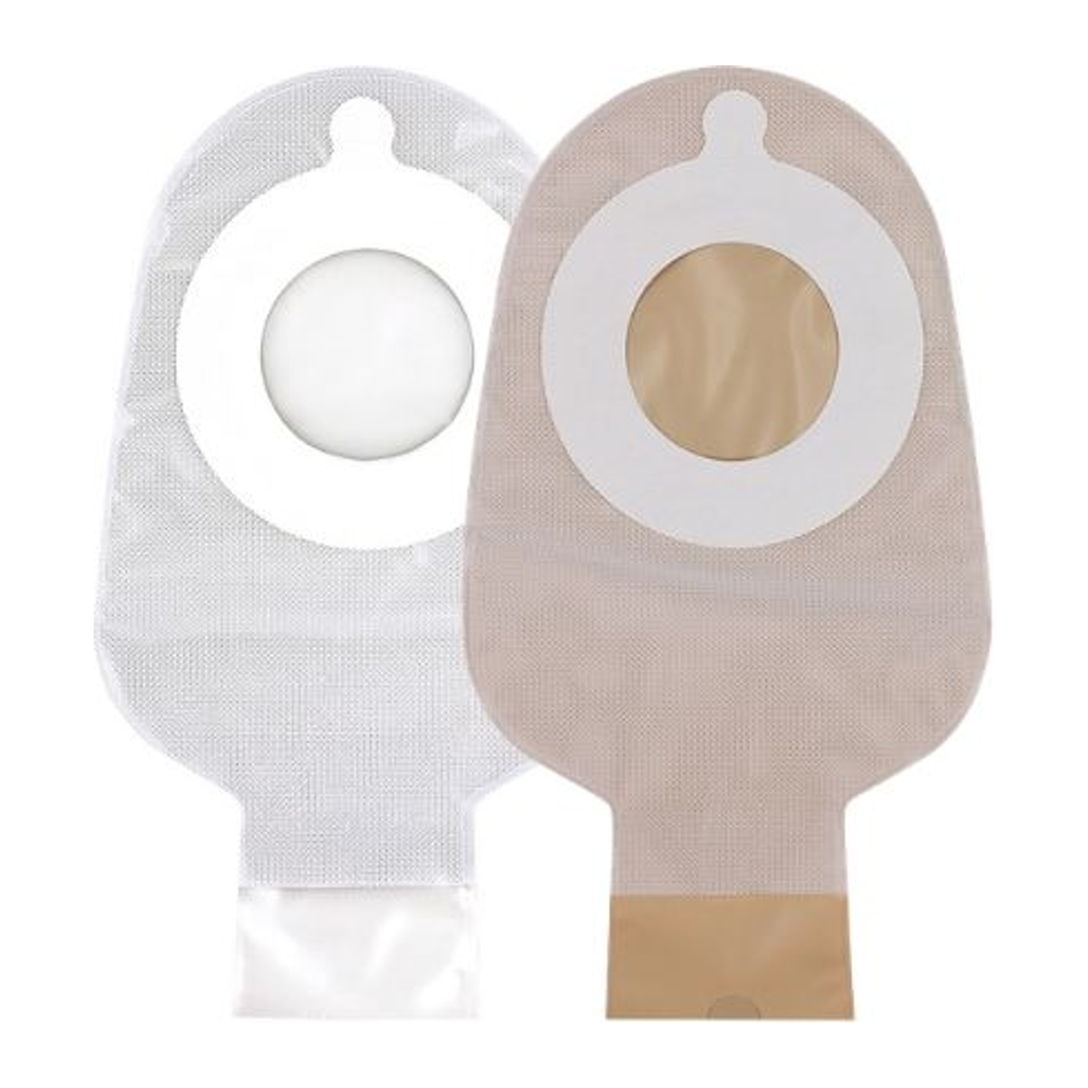 Cymed 68364 clear and 68464 opaque large-size two-piece eleven-inch drainable ostomy pouches.