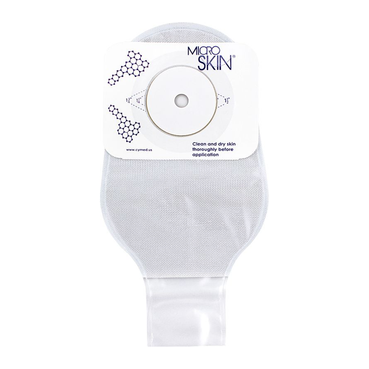 Cymed 78300-family one-piece eleven-inch clear drainable ostomy pouch with thick washer; opening size varies by selection.