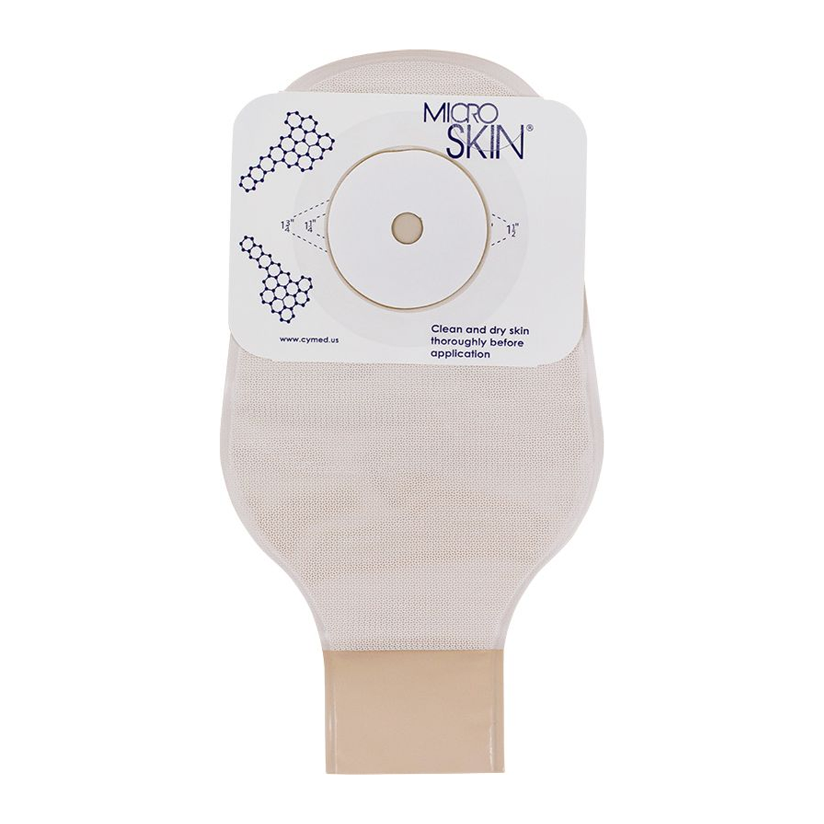 Cymed 78400-family one-piece eleven-inch opaque drainable ostomy pouch with thick washer; opening size varies by selection.