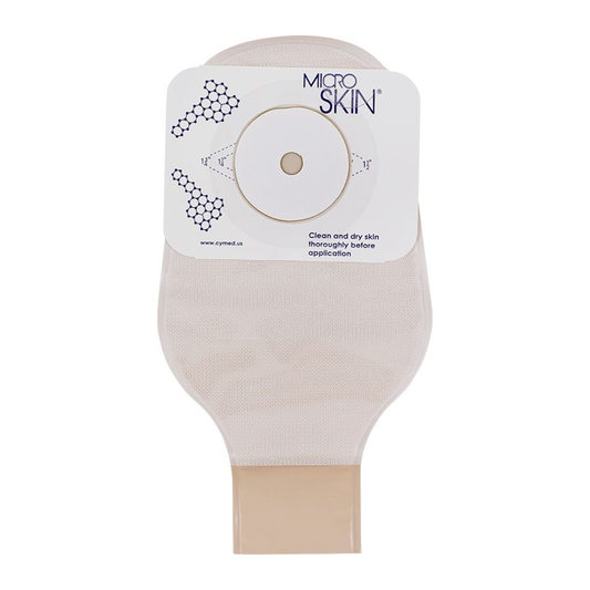 Cymed 78400-family one-piece eleven-inch opaque drainable ostomy pouch with thick washer; opening size varies by selection.
