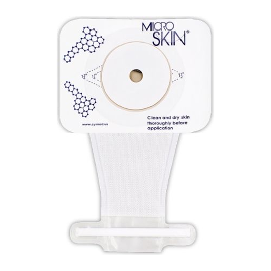 Cymed 81520W clear pediatric one-piece seven-inch drainable ostomy pouch with thin washer.