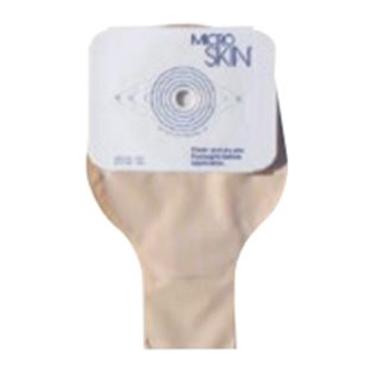 Cymed one-piece nine-inch drainable colostomy pouch with plain MicroSkin barrier.