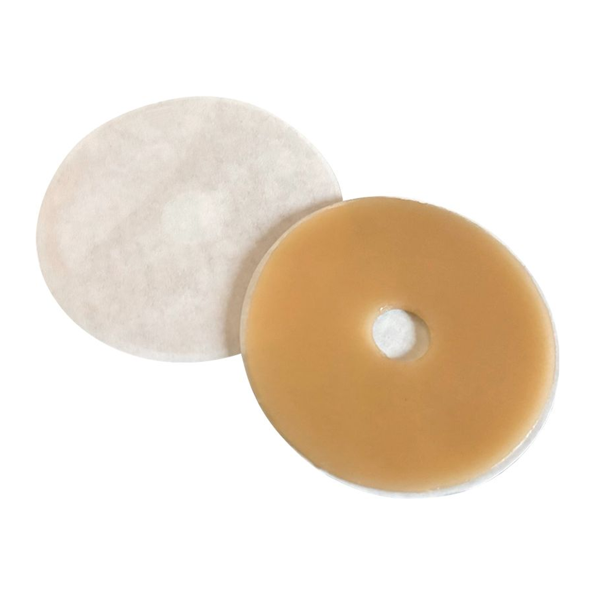 Front and back views of a Cymed two-inch moldable ostomy seal with two-sided adhesive.