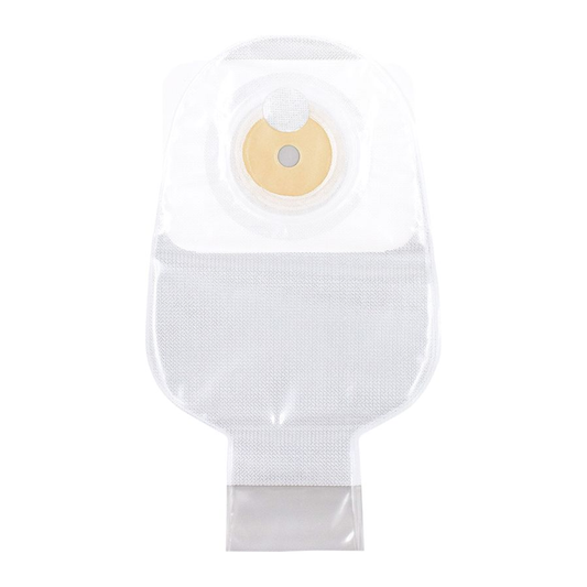 Cymed MicroSkin 11-inch one-piece drainable pouch with filter, clear with thin hydrocolloid washer; exact SRT81300F family image. Opening size varies by selection.