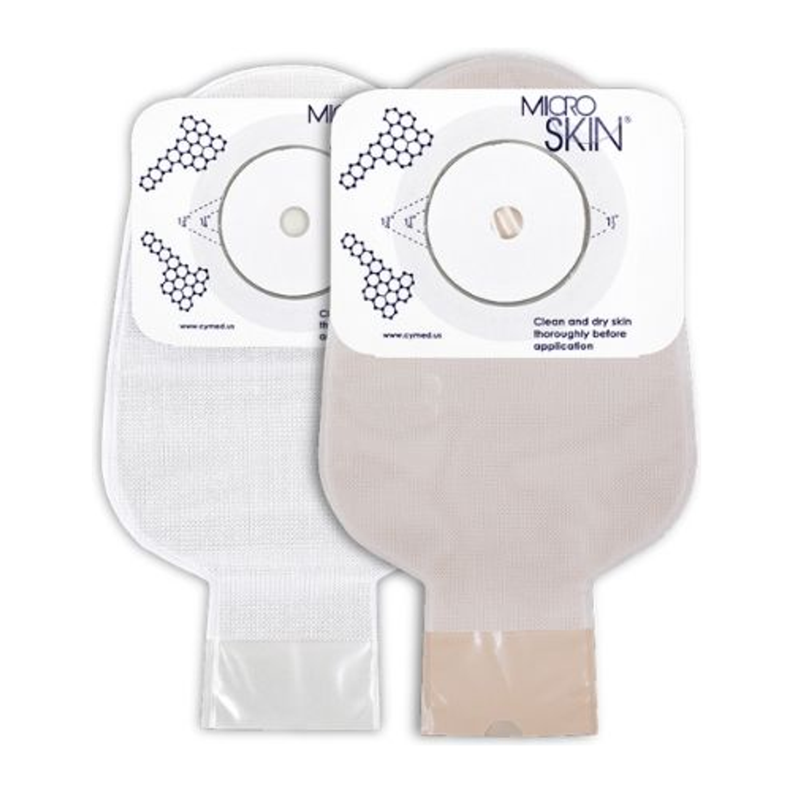 Official Cymed MicroSkin family image showing clear and opaque no-filter pouch constructions; this product title and selected option define the clear configuration.