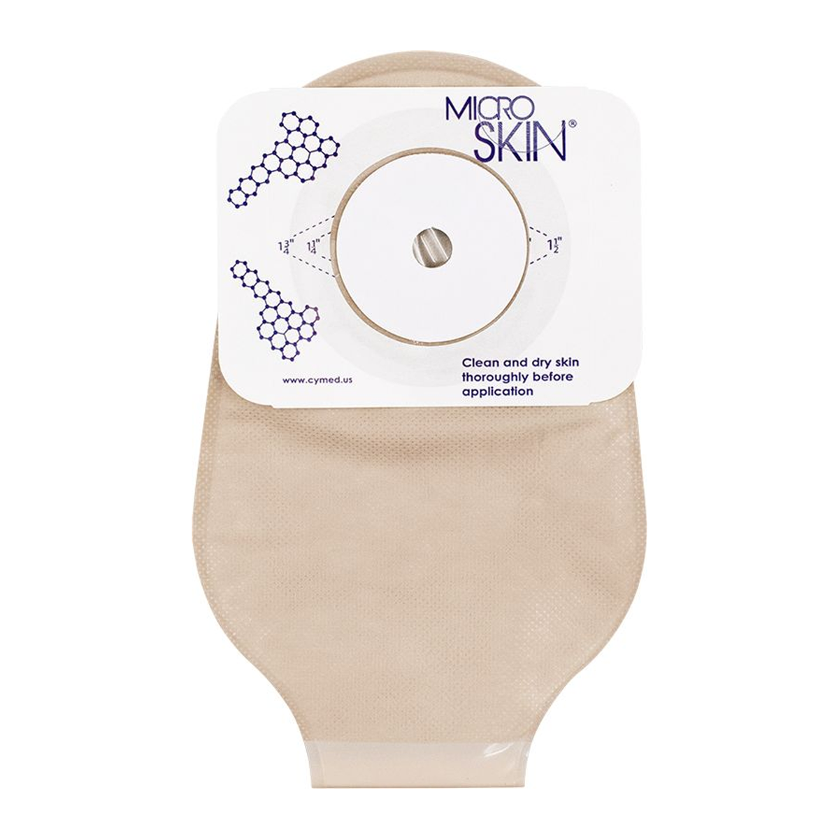 Cymed MicroSkin 11-inch Press n Seal one-piece drainable pouch, opaque with thin hydrocolloid washer and filter; exact SRT81400V family image. Opening size varies by selection.