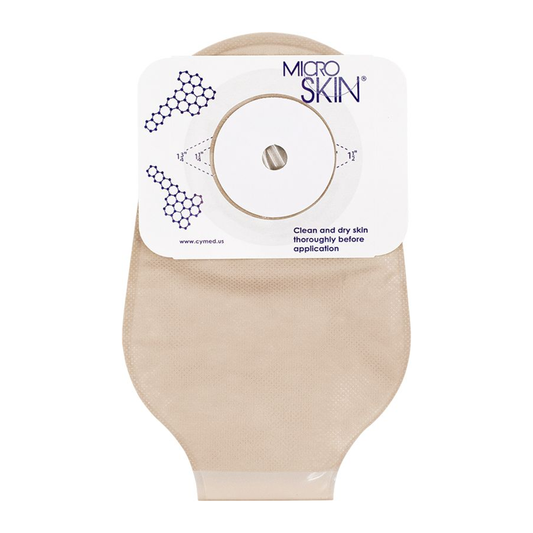 Cymed MicroSkin 11-inch Press n Seal one-piece drainable pouch, opaque with thin hydrocolloid washer and filter; exact SRT81400V family image. Opening size varies by selection.