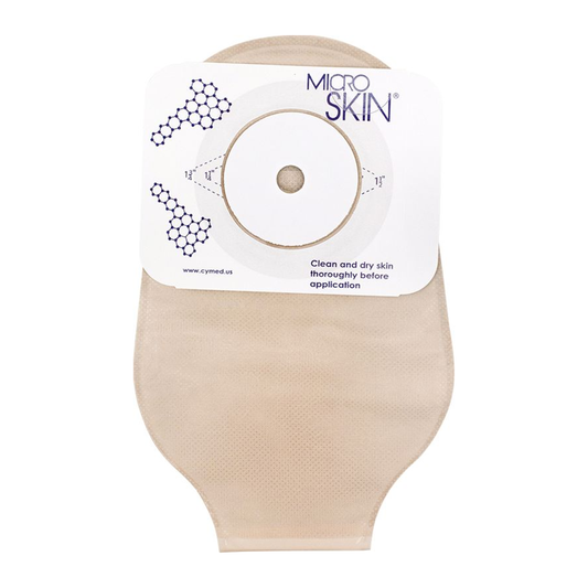 Cymed MicroSkin 11-inch Press n Seal one-piece drainable pouch, opaque with thin hydrocolloid washer and no filter; exact SRT81300V family image. Opening size varies by selection.