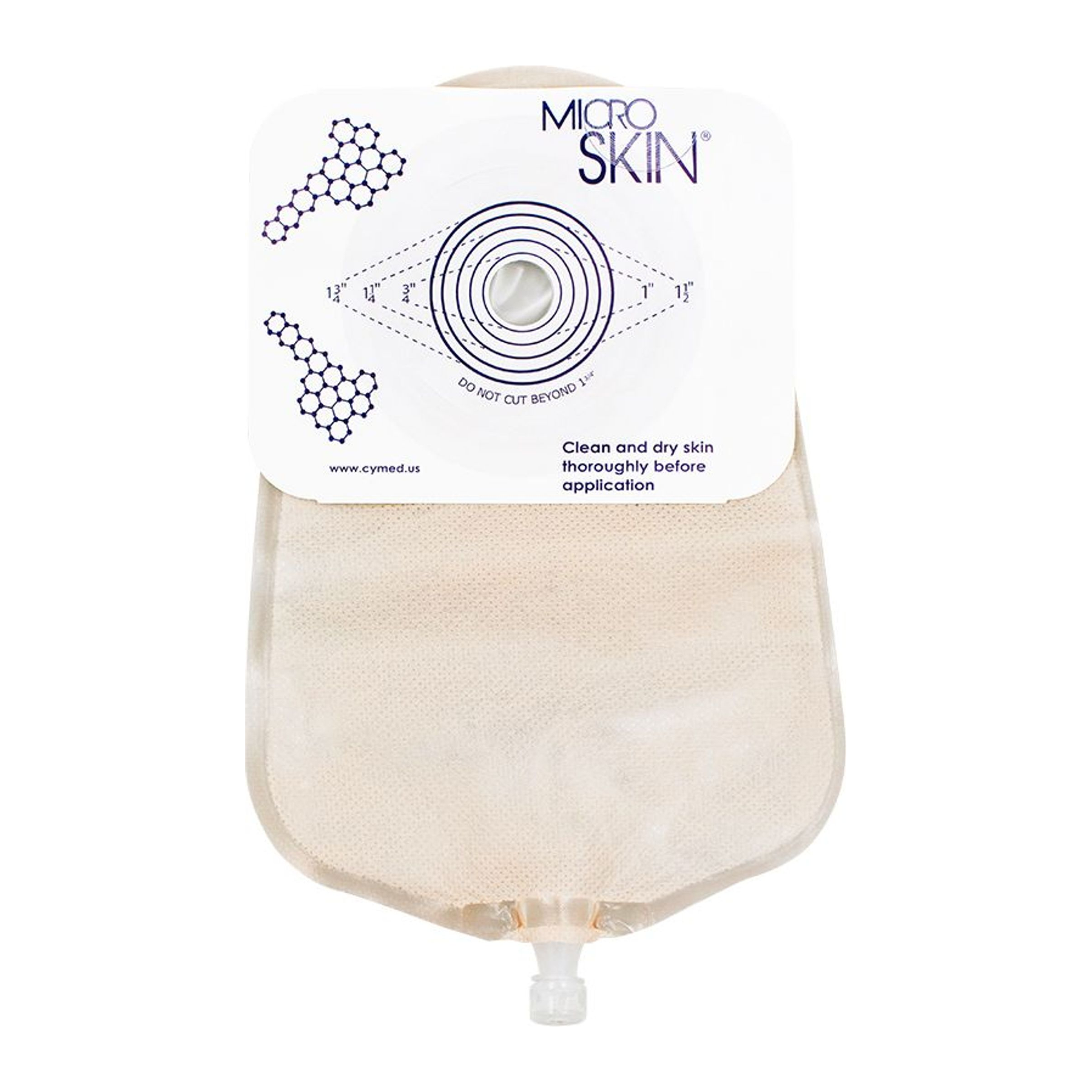 Cymed MicroSkin 9-inch one-piece urostomy pouch with plain barrier on a white background. Representative product view; opening markings may vary by selected size.