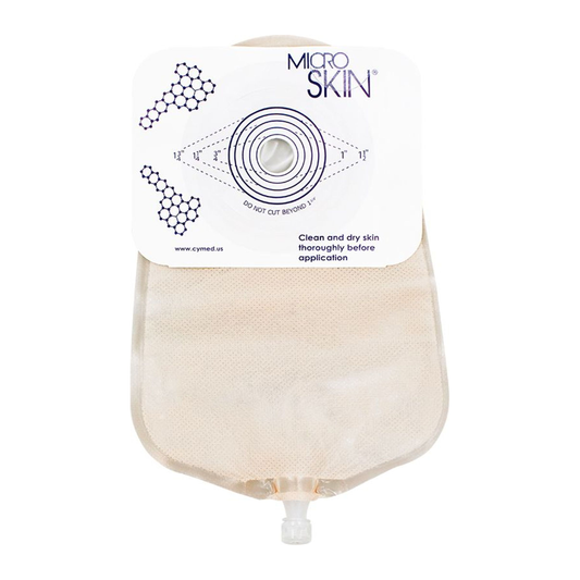 Cymed MicroSkin 9-inch one-piece urostomy pouch with plain barrier on a white background. Representative product view; opening markings may vary by selected size.