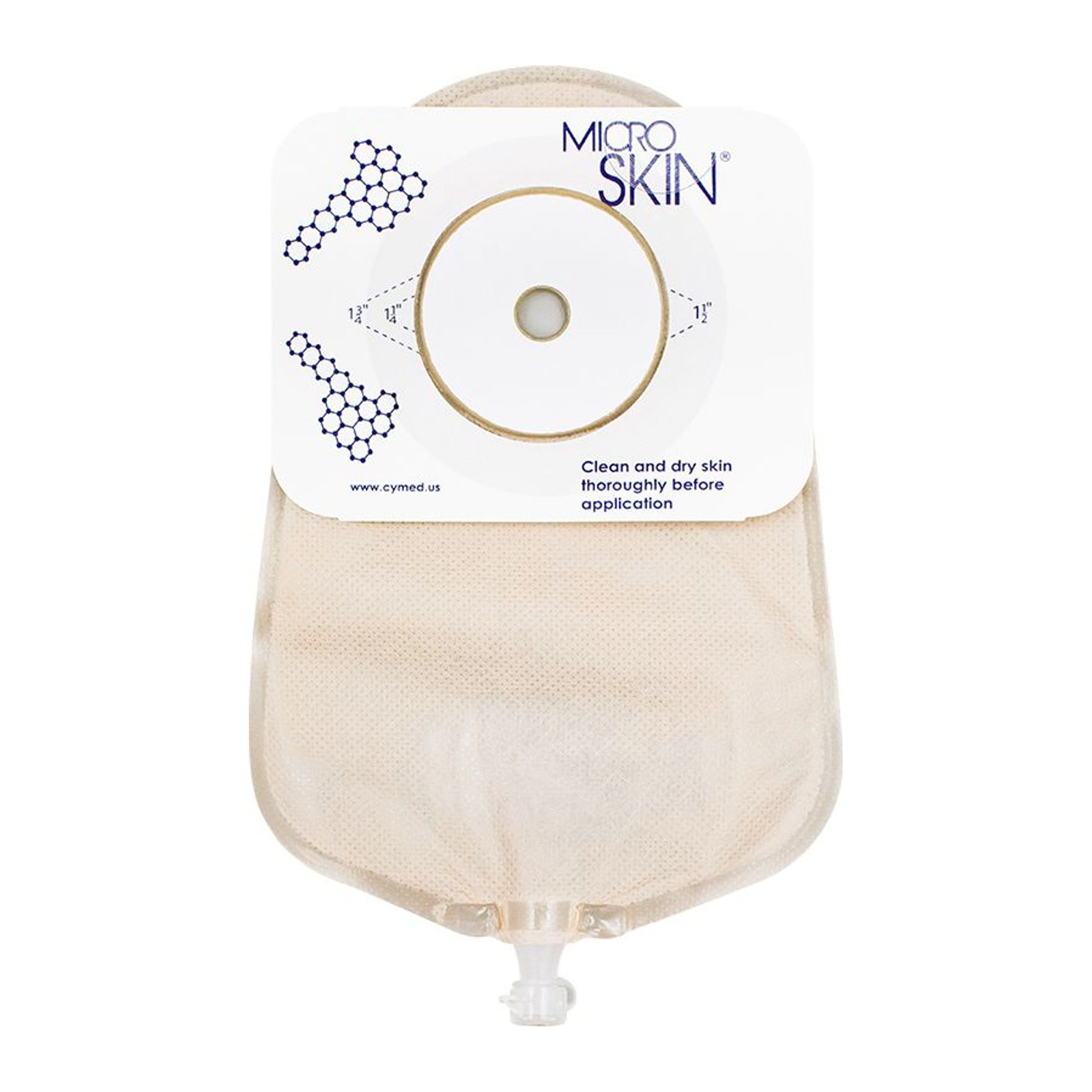 Cymed MicroSkin 9-inch one-piece urostomy pouch with thin MicroDerm washer on a white background. Representative product view; washer thickness and opening markings may vary by selected size.