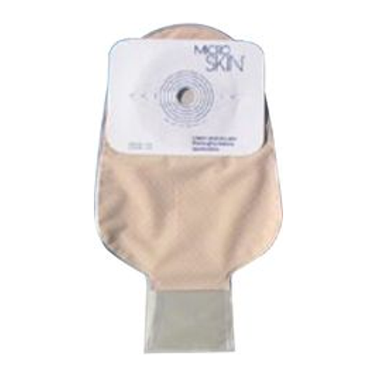Cymed one-piece eleven-inch drainable ostomy pouch with plain MicroSkin barrier.