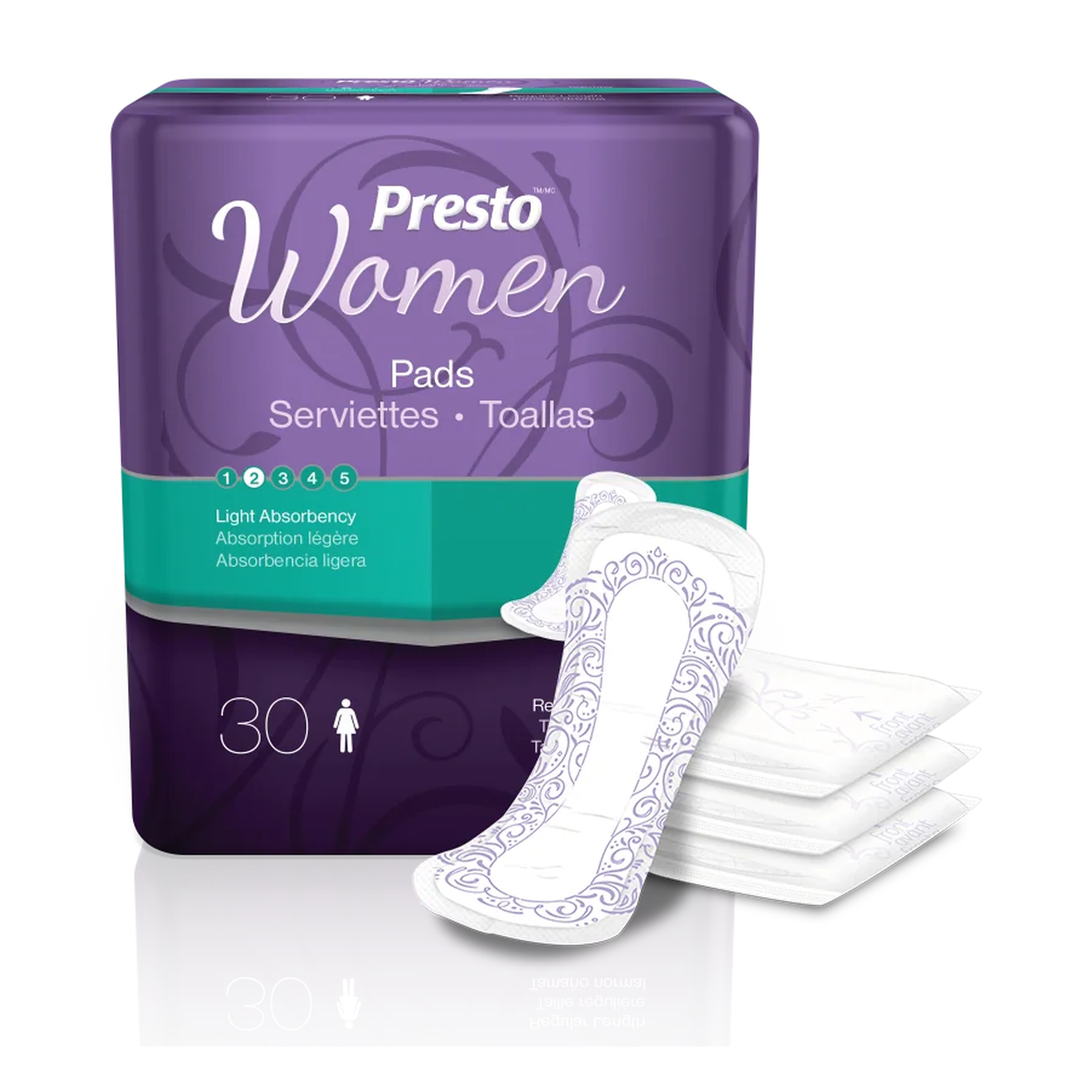 DRYLOCK TECHNOLOGIES Presto Light Pads for Women With OdorSecure® (DLTBCP11100, DLTBCP11100-CS) on a white background