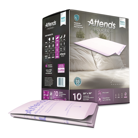 Attends Premier Underpads box and product on a white background