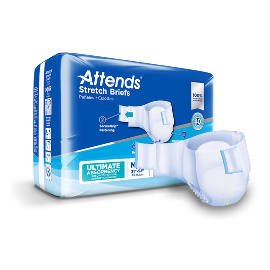 Attends Stretch Briefs package and product on a white background