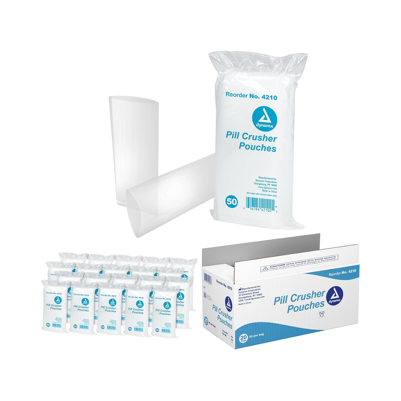 Dynarex 4210 pill crusher pouches and box on a clean white background